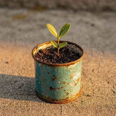 Small green plant in a rusty metal pot on the ground with sunlight