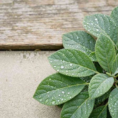 Water droplets on the leaves of a plant in the garden.