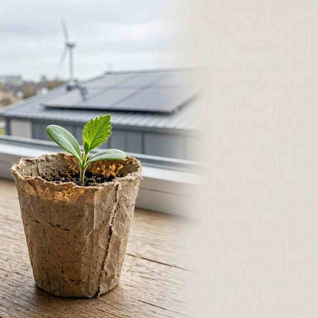 Plant seedling in peat pot on a background of solar panels