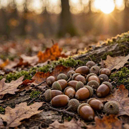 Acorns and autumn leaves on the ground in the forest at sunset