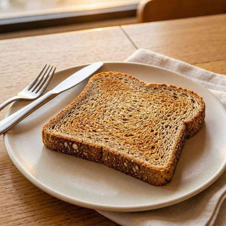A slice of bread on a plate with a knife and fork.