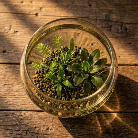 Green seedling in a glass jar on a wooden background, top view
