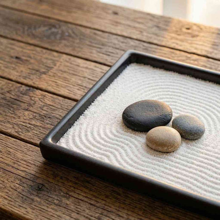 zen stones in a tray on a wooden table with copyspace