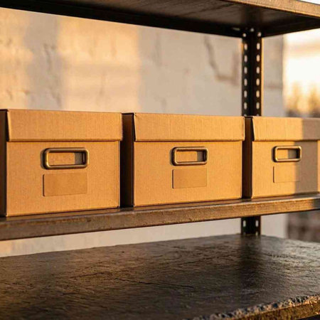 Cardboard boxes on a shelf in a warehouse, close-up