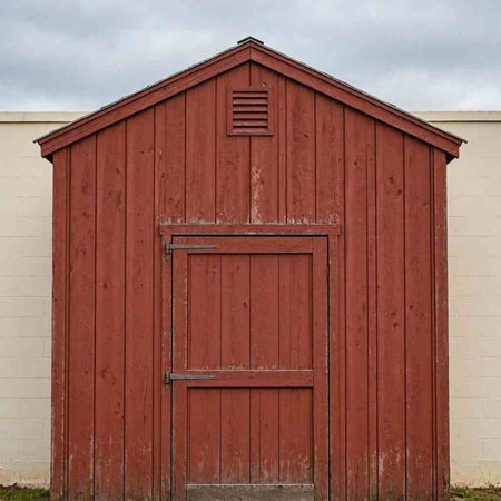 A red shed with a metal door and a grey sky in the background.