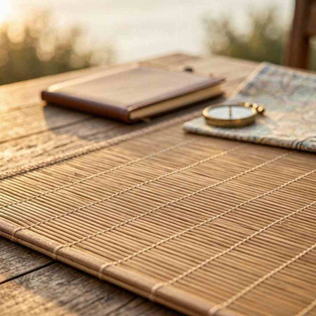 Bamboo tablecloth and notebook on wooden table, selective focus.