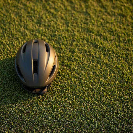 Racing helmet on the green grass of the golf course in the evening.
