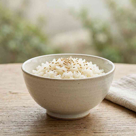 White rice in bowl on wood table with natural background, stock photo