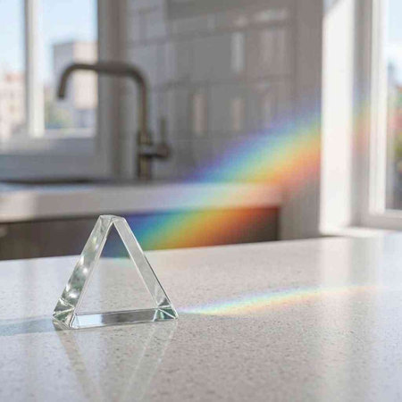 Glass triangle on the kitchen table with a rainbow in the background.