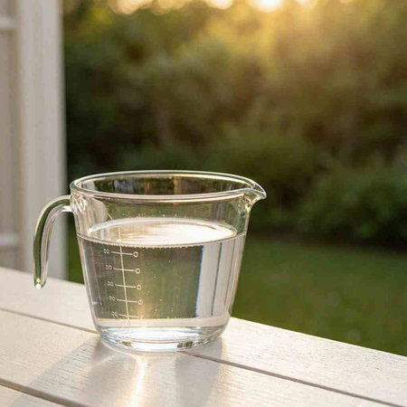 A cup of water on a white wooden table in the garden.