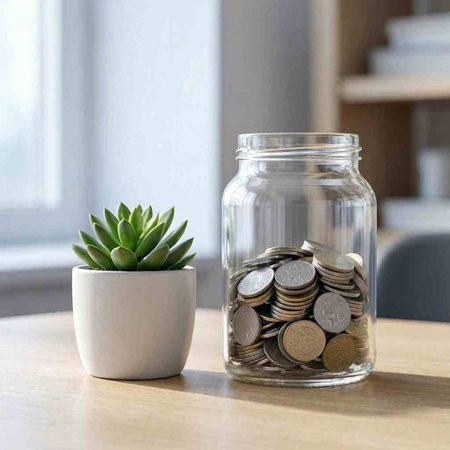 Coins in a glass jar on the table. Saving money concept.