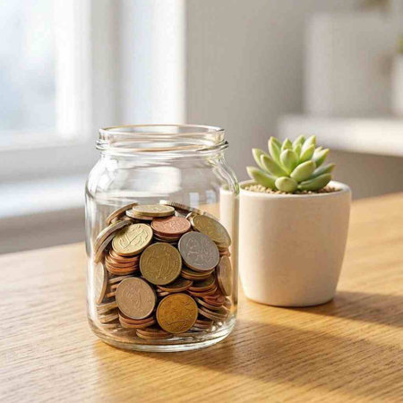 Coins in a glass jar on a wooden table. Saving money concept
