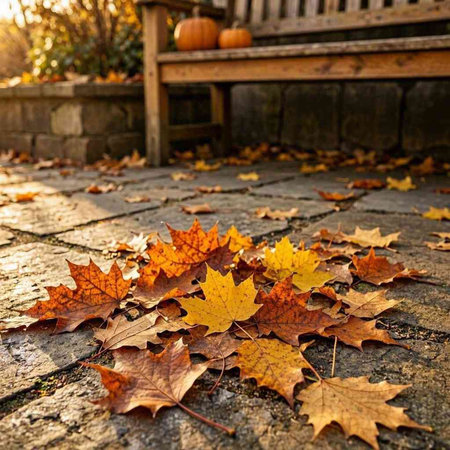 Autumn leaves on the background of a wooden bench in the park