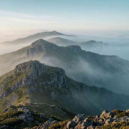 Mountains in the fog at sunrise. Carpathians, Ukraine