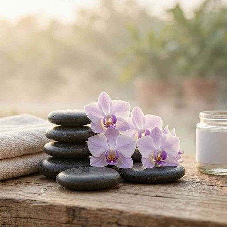 Spa still life with orchid flower, massage stones and cream