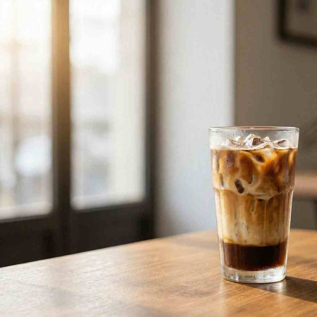 Iced coffee in a glass on a wooden table in a cafe