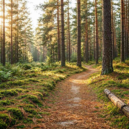 Path in the coniferous forest at sunset. Beautiful summer landscape.