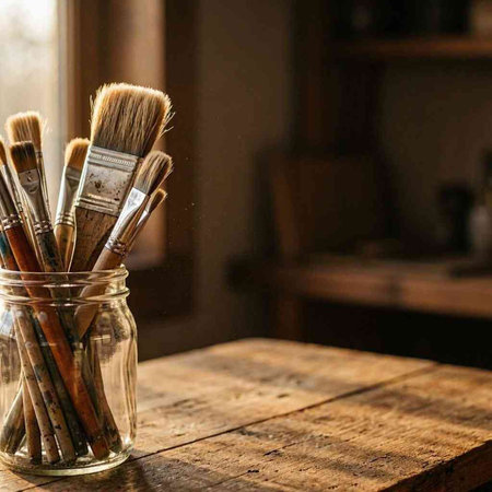 Paint brushes in a glass jar on a wooden table. Copy space.