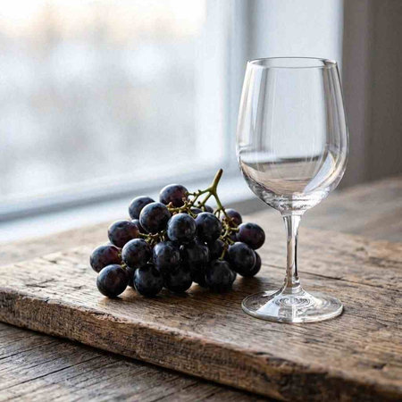 Wineglass and bunch of black grapes on a wooden table.