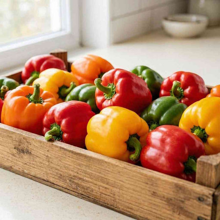 Variety of colorful bell peppers in a wooden box on the kitchen table