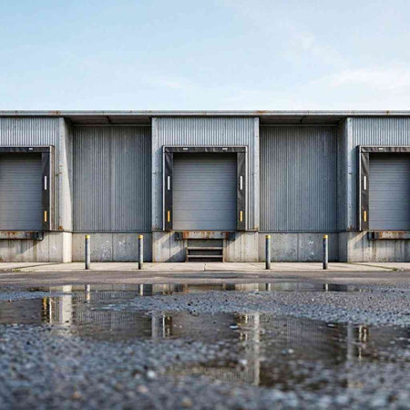 Garage for storage of goods in the open air. Industrial background.