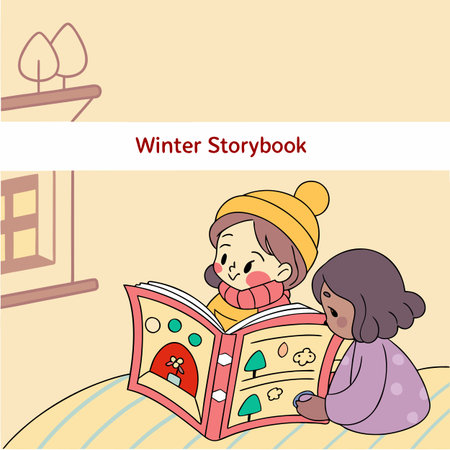Illustration of a little girl reading a book with her mother in the backgroundのイラスト素材