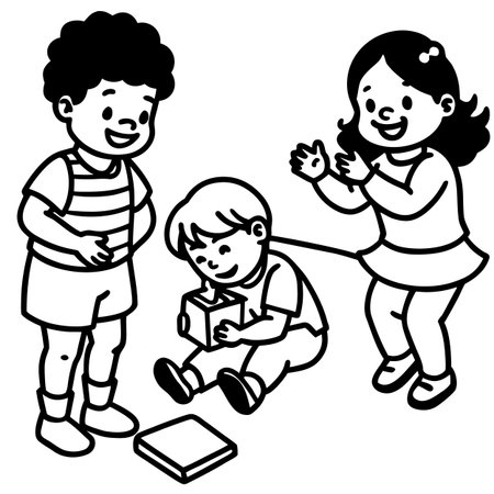 Happy kids playing with books, black and white vector cartoon illustration.のイラスト素材