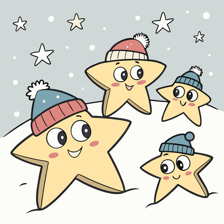Cute star with hat and scarf on winter background. Vector illustration.のイラスト素材
