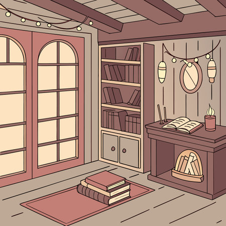 Interior of a room with a fireplace, bookshelf and a bookcase. Vector illustrationのイラスト素材