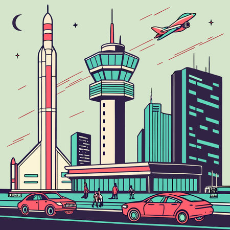 Airport and airplane in the sky. Vector illustration in flat styleのイラスト素材