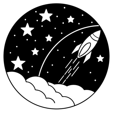 rocket ship flying in the night starry sky vector illustration black and whiteのイラスト素材