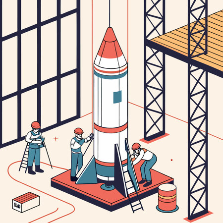 Vector isometric illustration of a rocket in the hangar with workers.のイラスト素材