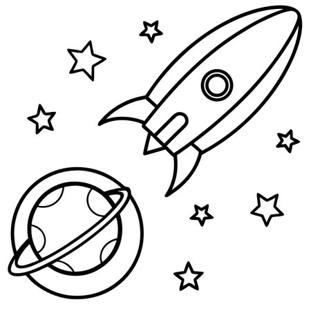 Outline illustration of a rocket with planets and stars. Coloring book for childrenのイラスト素材