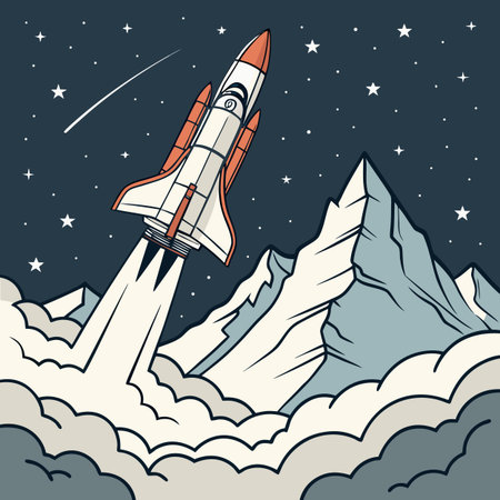 Space rocket in the sky with clouds and stars. Vector illustration.のイラスト素材