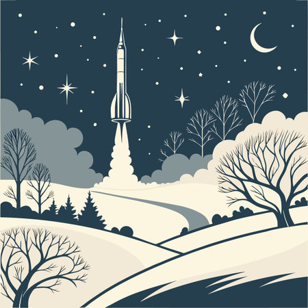 Space rocket in the night sky. Vector illustration for your design.のイラスト素材