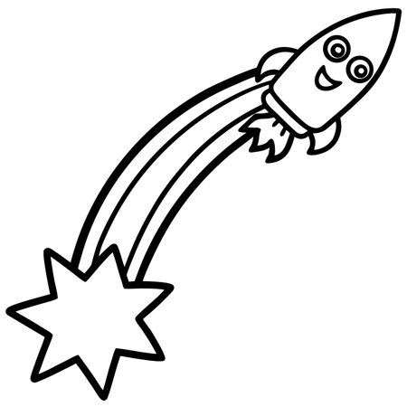 A cartoon illustration of a rocket taking off with a star sign.のイラスト素材
