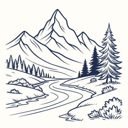 Landscape with mountain and river. Vector illustration in hand drawn style.のイラスト素材