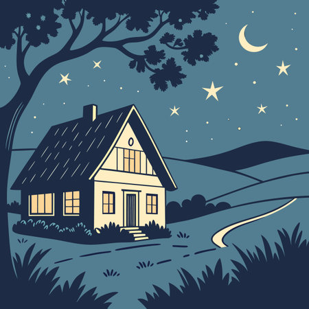 Cottage in the countryside at night. Vector illustration for your designのイラスト素材