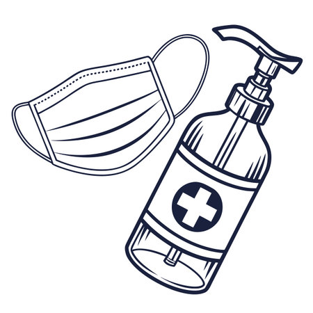 Antibacterial hand sanitizer gel and medical mask. Coronavirus prevention. Vector illustration.のイラスト素材