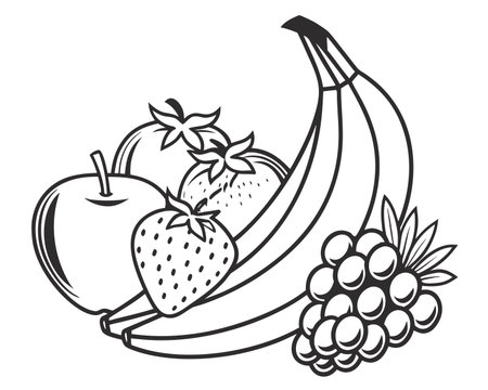 Black and white vector illustration of bananas, strawberries, grapes and applesのイラスト素材
