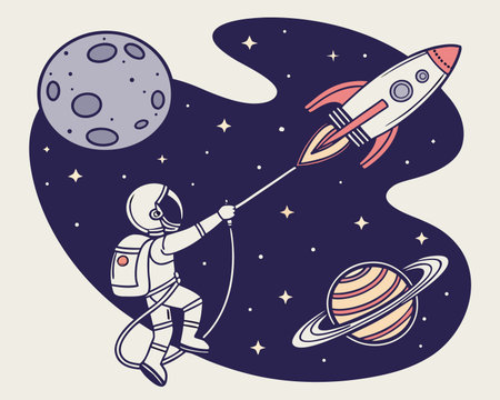Astronaut with rocket and planets in the space. Vector illustrationのイラスト素材