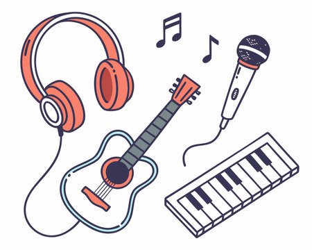 Set of musical instruments. Vector illustration in doodle style.のイラスト素材