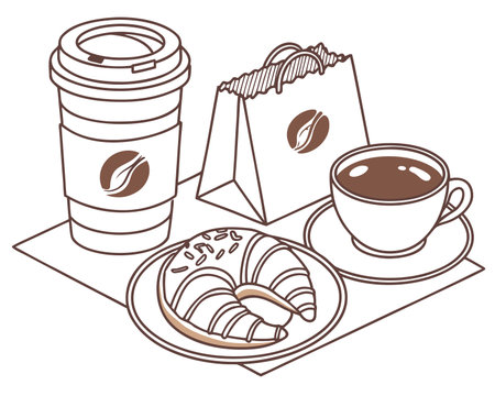 Coffee and croissant on the table. Vector illustrationのイラスト素材