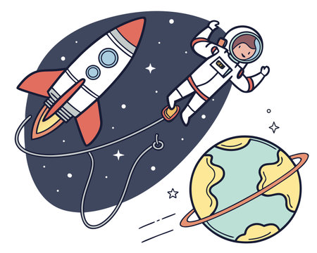 astronaut flying in space with planet and rocket vector illustration designのイラスト素材