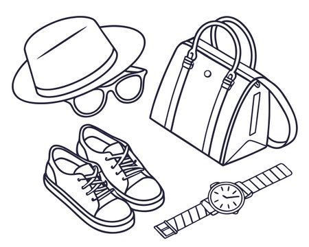 Sketch of a set of men's accessories. Shoes, hat, watch, bag. Vector illustrationのイラスト素材