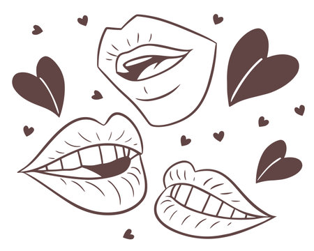 Vector set of lips with hearts. Hand drawn illustration in sketch style.のイラスト素材
