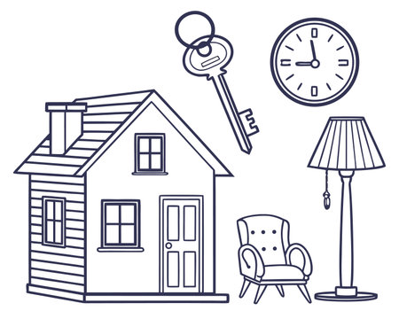 House with key, armchair, lamp and clock. Vector illustration.のイラスト素材