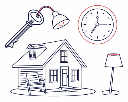 House with key and alarm clock. Vector illustration in linear style.のイラスト素材