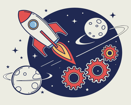 Rocket and planets in space. Vector illustration in a flat style.のイラスト素材
