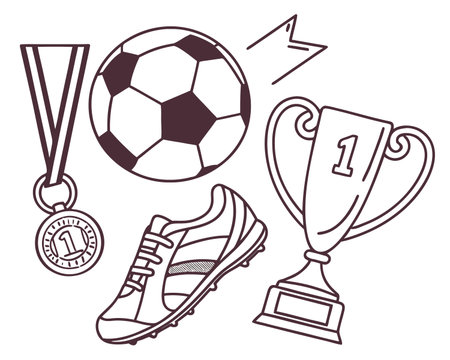 Soccer sport elements. Football ball, medal, whistle, shoes, medal. Vector illustrationのイラスト素材